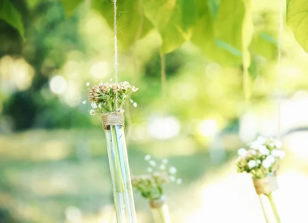 Mini jarrones con flores colgando en cintas al aire libre —  Fotos de Stock