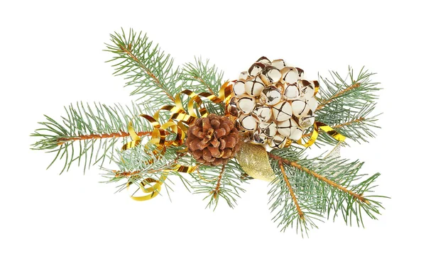 Bells, strobile, ribbon and pine-tree branch isolated on white — Stock Photo, Image