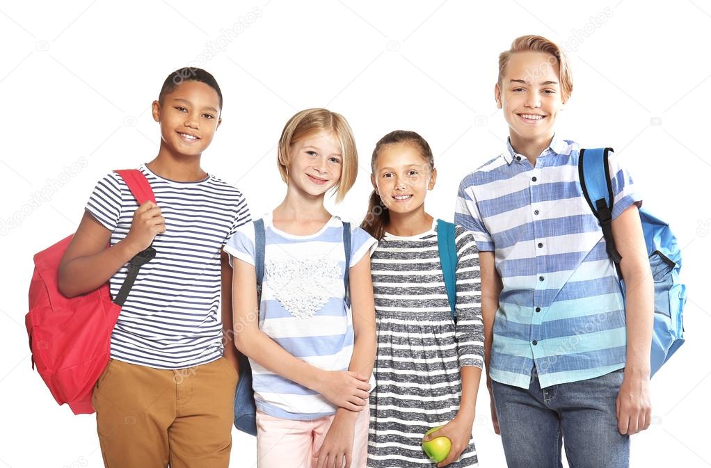 Cute schoolchildren, isolated on white