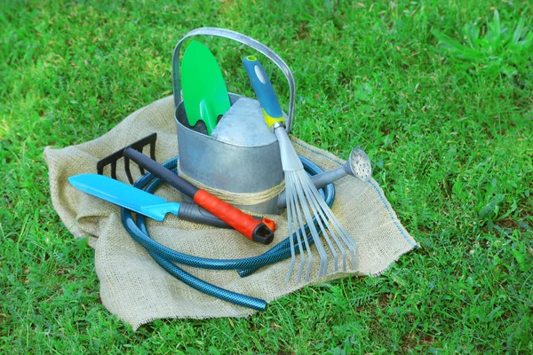 Yeşil çim zemin üzerine Bahçe aletleri — Stok fotoğraf