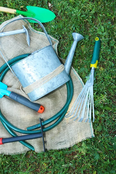 Tuingereedschap op groen gras achtergrond — Stockfoto