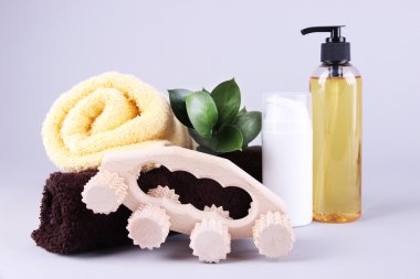 ahşap rulo fırça, havlu, brunch gri arka plan üzerine nane ve duş seti