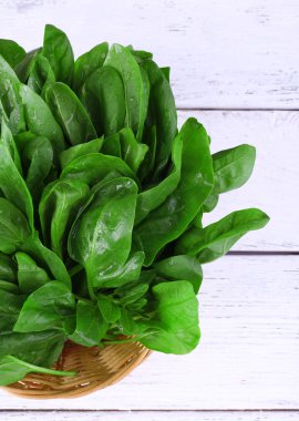 ahşap zemin üzerinde ahşap kase taze kuzukulağı tutam