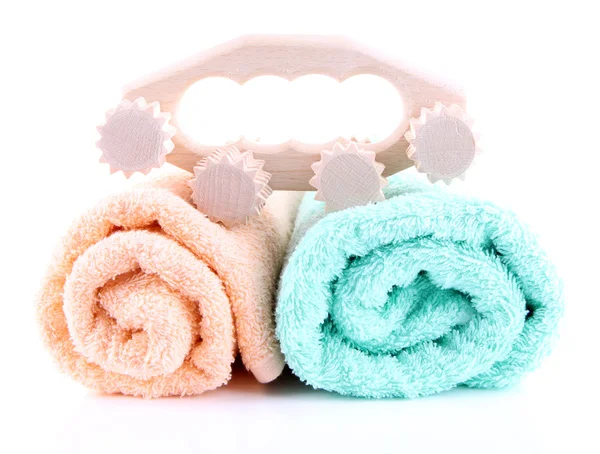 Wooden roller brush and towels on white background isolated — Stock Photo, Image