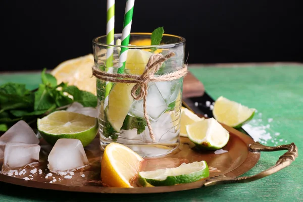Fresh ingredients for mojito on old tray — Stock Photo, Image