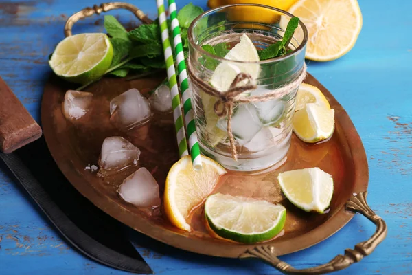 Fresh ingredients for mojito on old tray — Stock Photo, Image