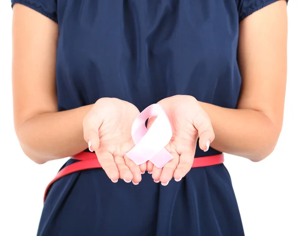 Woman with aids awareness pink ribbon in hands isolated on white — Stock Photo, Image