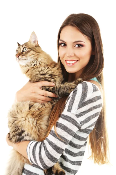 Hermosa mujer joven sosteniendo gato aislado en blanco — Foto de Stock
