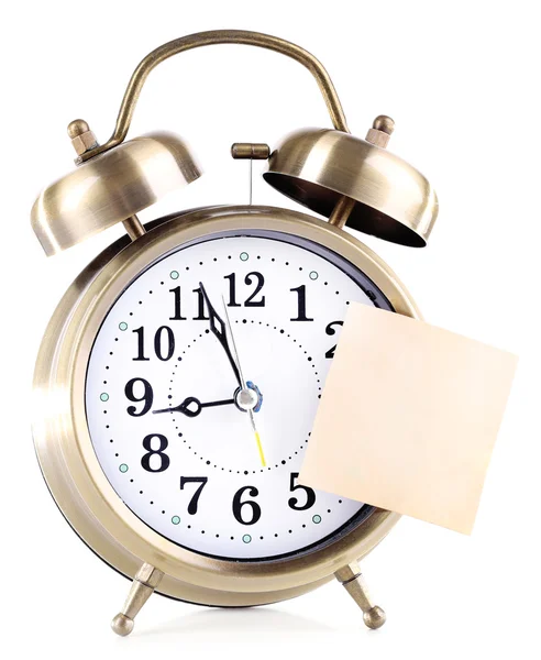 Alarm clock with sticker isolated on white — Stock Photo, Image