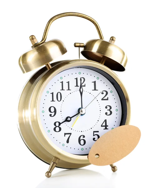 Alarm clock with sticker isolated on white — Stock Photo, Image