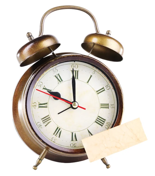 Relógio despertador com adesivo isolado em branco — Fotografia de Stock