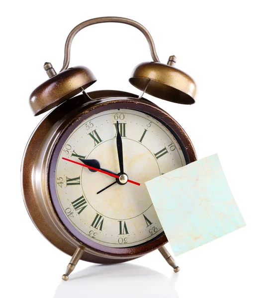 Alarm clock with sticker isolated on white — Stock Photo, Image