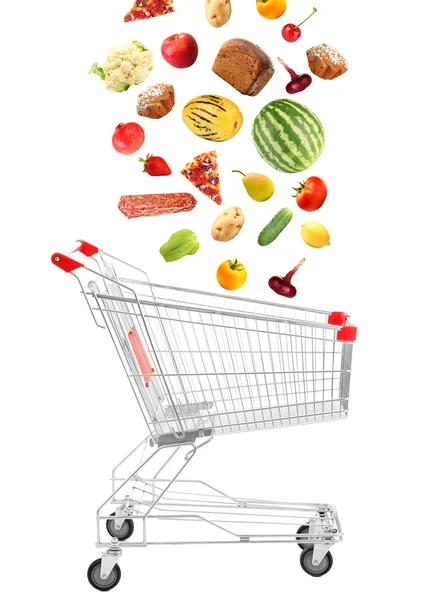 Products falling in shopping cart, isolated on white — Stock Photo, Image