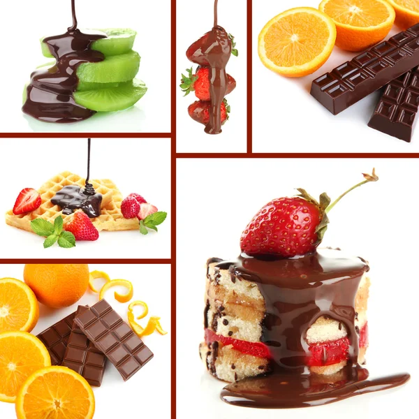 Finom desszert kollázs - gyümölcs, elszigetelt fehér csokoládé — Stock Fotó