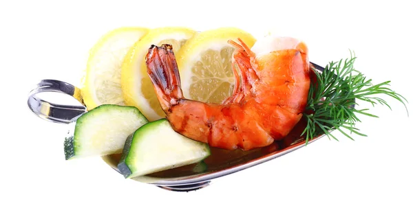 Fresh boiled prawns with avocado, dill and lemon  on a metal bowl on white background isolated — Stock Photo, Image