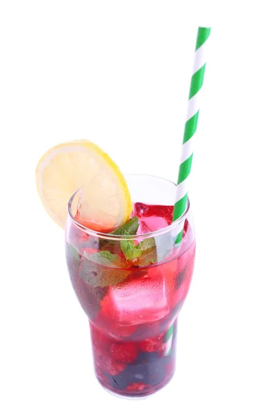 Glass of berry cocktail with lemon and mint on white background isolated — Stock Photo, Image