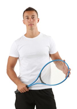 yakışıklı genç sporcunun raket üzerinde beyaz izole holding