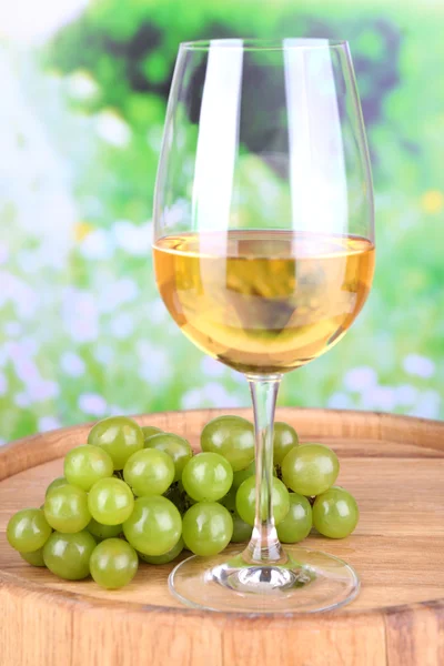 Вкусное вино и спелый виноград на зеленом фоне природы — стоковое фото