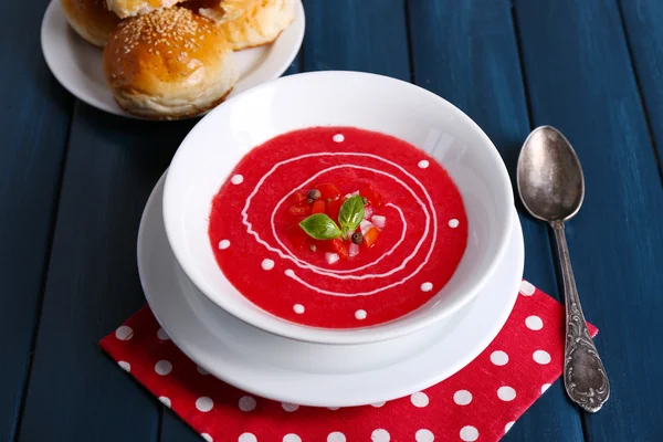 Gazpacho soup on color wooden background — Stock Photo, Image