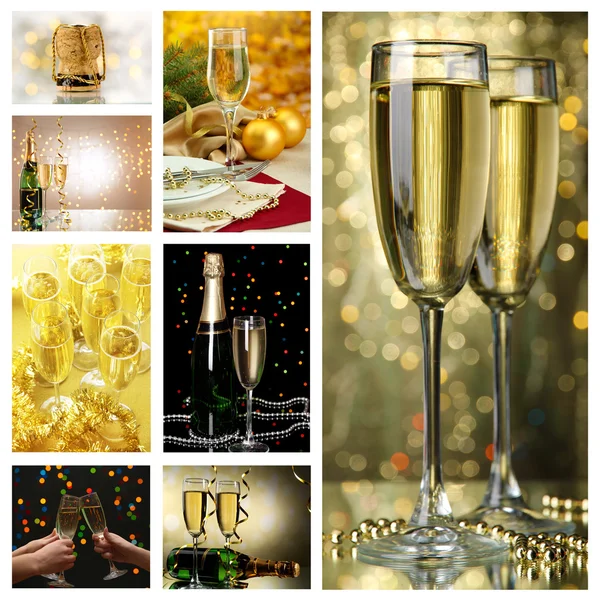 Christmas collage. Glasses of champagne on  shine  background — Stock Photo, Image