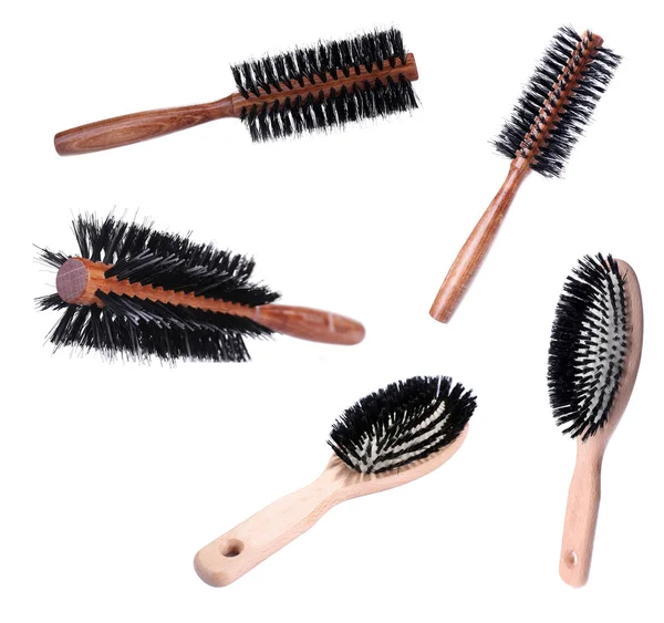Collage of wooden hairbrushes isolated on white — Stock Photo, Image