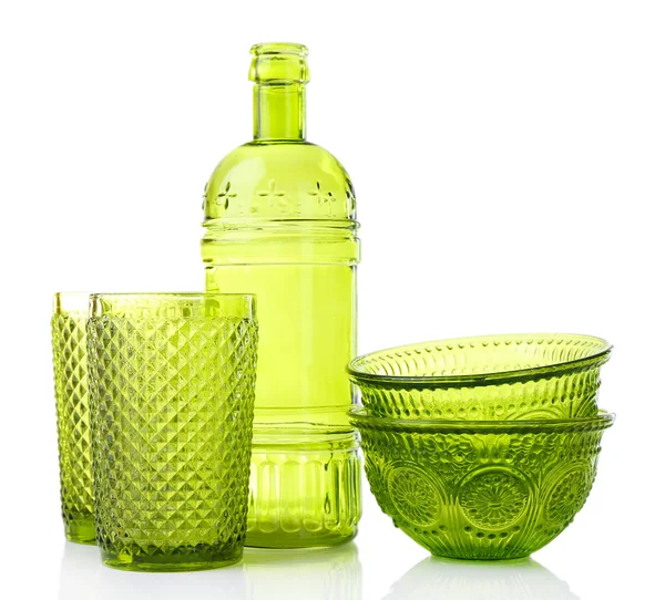 绿色玻璃瓶、 碗和杯子，孤立的白色衬底上 — 图库照片