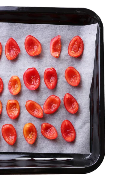 Rajčata na sušení zásobník, izolované na bílém — Stock fotografie