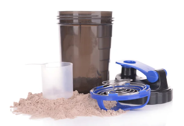 Whey protein powder with scoop and plastic shaker isolated on white — Stock Photo, Image
