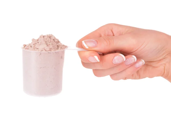 Paletta femminile con proteine del siero di latte in polvere isolata su bianco — Foto Stock