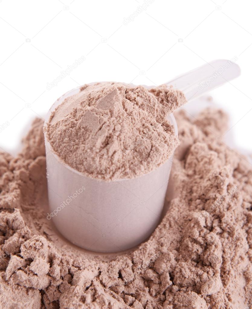 Whey protein powder in scoop isolated on white Stock Photo by ©belchonock  52325749