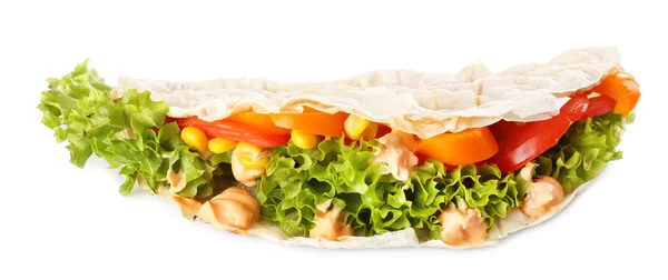 Veggie wrap filled with chicken and fresh vegetables isolated on white — Stock Photo, Image