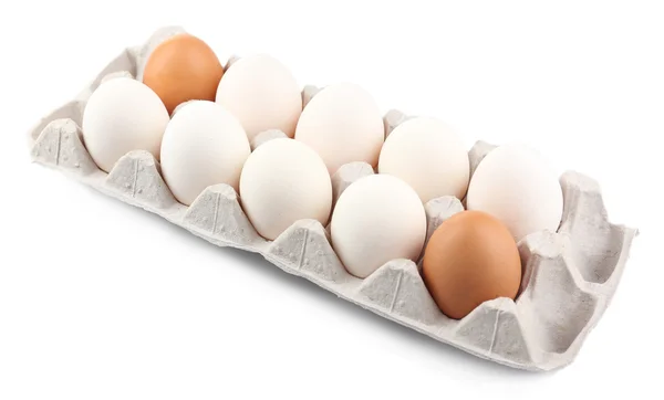 Different eggs in carton pack isolated on white — Stock Photo, Image