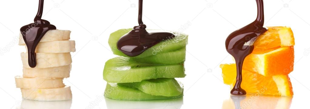Fruit slices with chocolate isolated on white