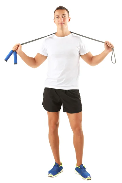 Handsome young sportsman holding rope isolated on white — Stock Photo, Image