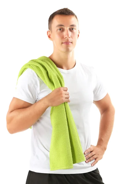 Handsome young sportsman holding towel isolated on white — Stock Photo, Image