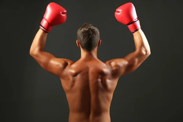 Stilig ung muskulös sportsman med boxhandskar på mörk bakgrund — Stockfoto