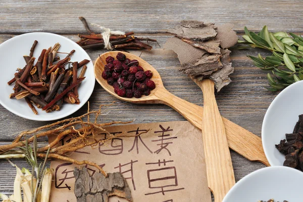 Ingrédients médicinaux traditionnels chinois à base de plantes avec des hiéroglyphes non réels, gros plan — Photo