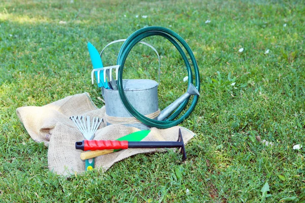 Yeşil çim zemin üzerine Bahçe aletleri — Stok fotoğraf