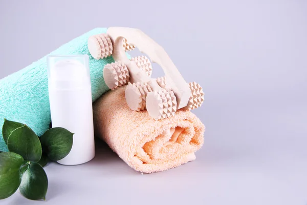 Escova de rolo de madeira, toalhas, hortelã e spray sobre fundo cinza — Fotografia de Stock