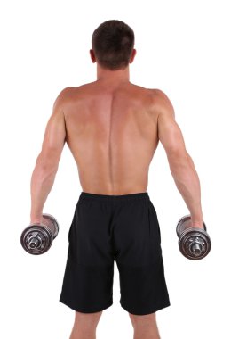 yakışıklı genç kaslı sporcu üzerinde beyaz izole dumbbells ile egzersiz yürütmek