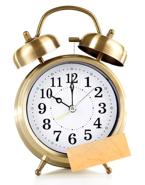 Relógio despertador com adesivo isolado em branco — Fotografia de Stock