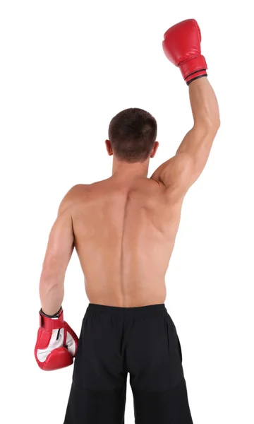Νέοι μυϊκή αθλητής με γάντια του μποξ που απομονώνονται σε λευκό — Φωτογραφία Αρχείου