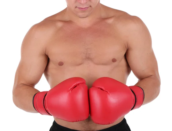 英俊年轻肌肉型男用拳击手套上白色孤立 — 图库照片