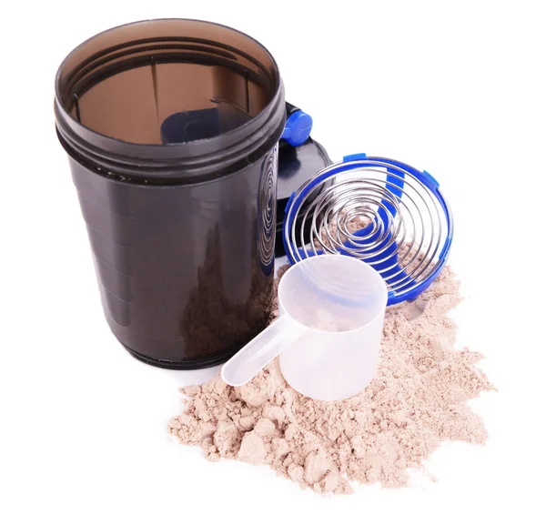 Whey protein powder with scoop and plastic shaker isolated on white — Stock Photo, Image