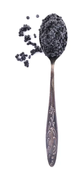 Spoon of black caviar isolated on white — Stock Photo, Image