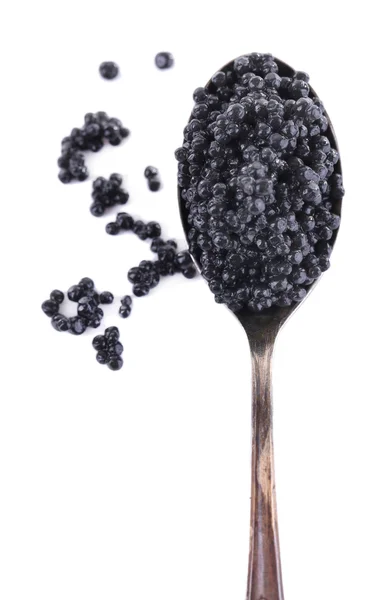 Spoon of black caviar isolated on white — Stock Photo, Image