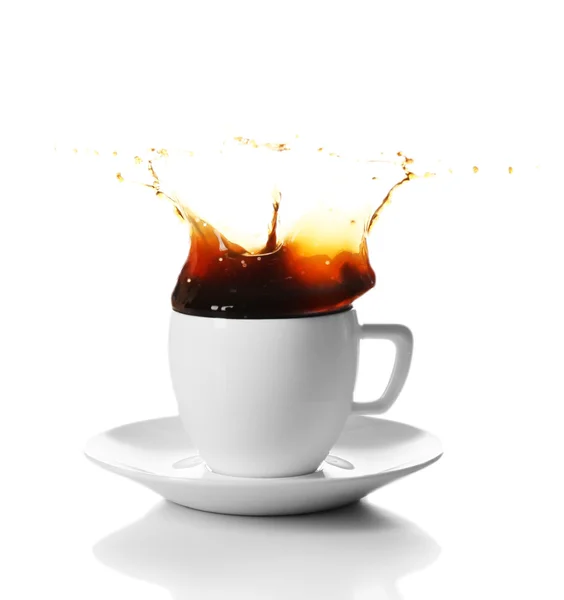 Cup of coffee with splashes, isolated on white — Stock Photo, Image