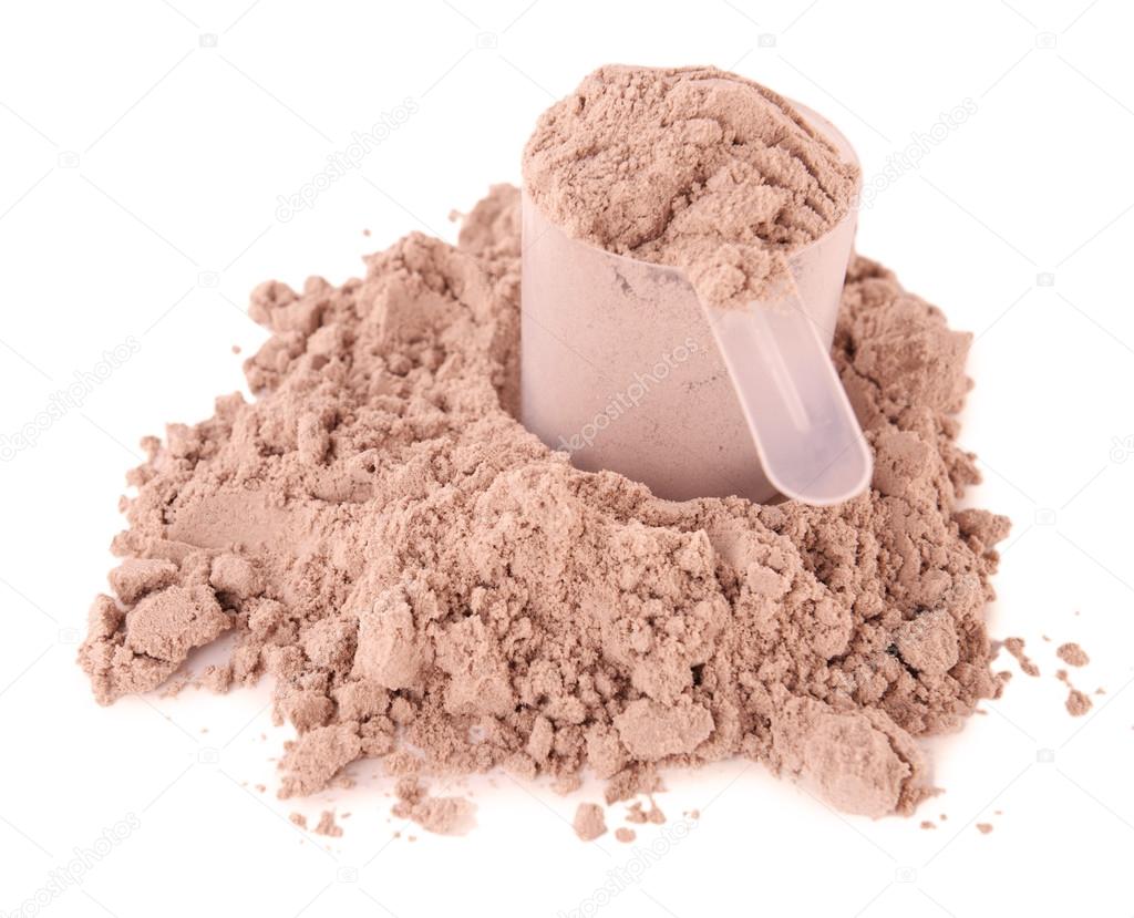 Proteína de suero en polvo aislada en blanco: fotografía de stock