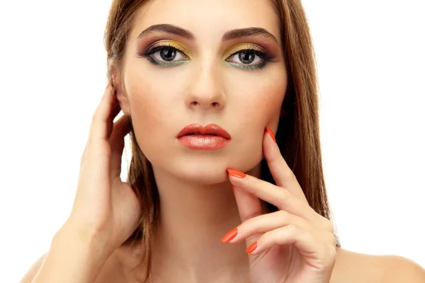 Portrait of sexy young woman with glamour make up and orange manicure — Stock Photo, Image