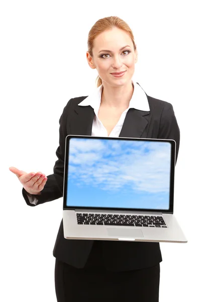 Жінка тримає ноутбук із зберігачем екрана, ізольовано на білому — стокове фото